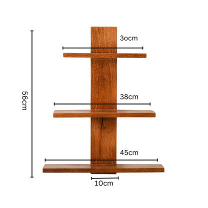 WOOD CURLS 3-tier wall-mounted mango wood shelf with natural brown finish and dimensions for home decor storage