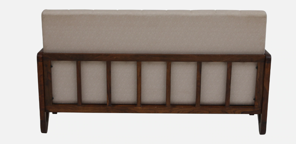 WOOD CURLS Aarav 3-seater sofa back view featuring solid Sheesham wood frame in provincial teak finish and beige fabric