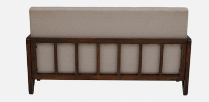 WOOD CURLS Aarav 3-seater sofa back view featuring solid Sheesham wood frame in provincial teak finish and beige fabric