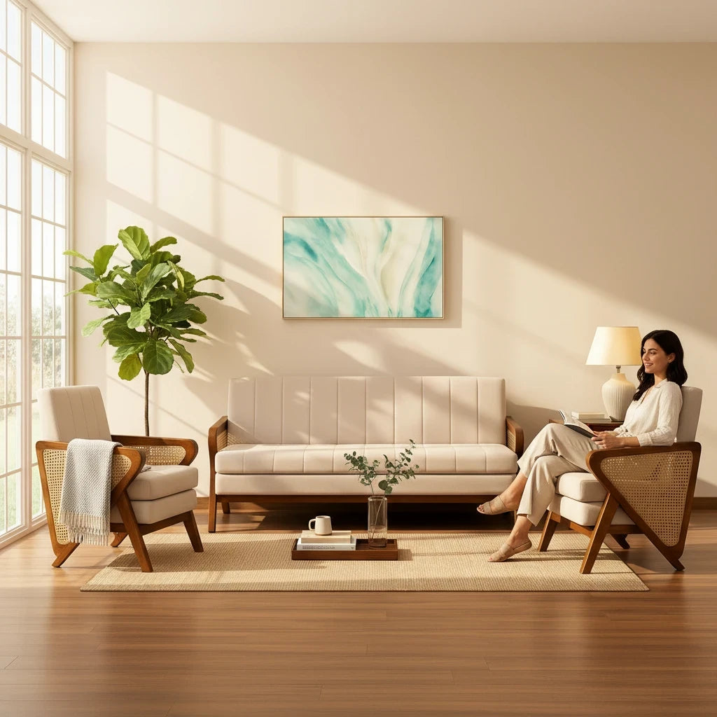 WOOD CURLS Aarav Sheesham wood 3+1+1 sofa set with cane armrests in a bright, modern living room with a seated woman.