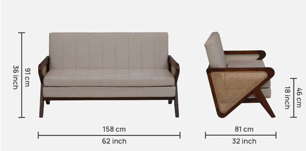 WOOD CURLS Aarav Sheesham wood 3-seater sofa with cane armrests and beige upholstery, shown with dimensions
