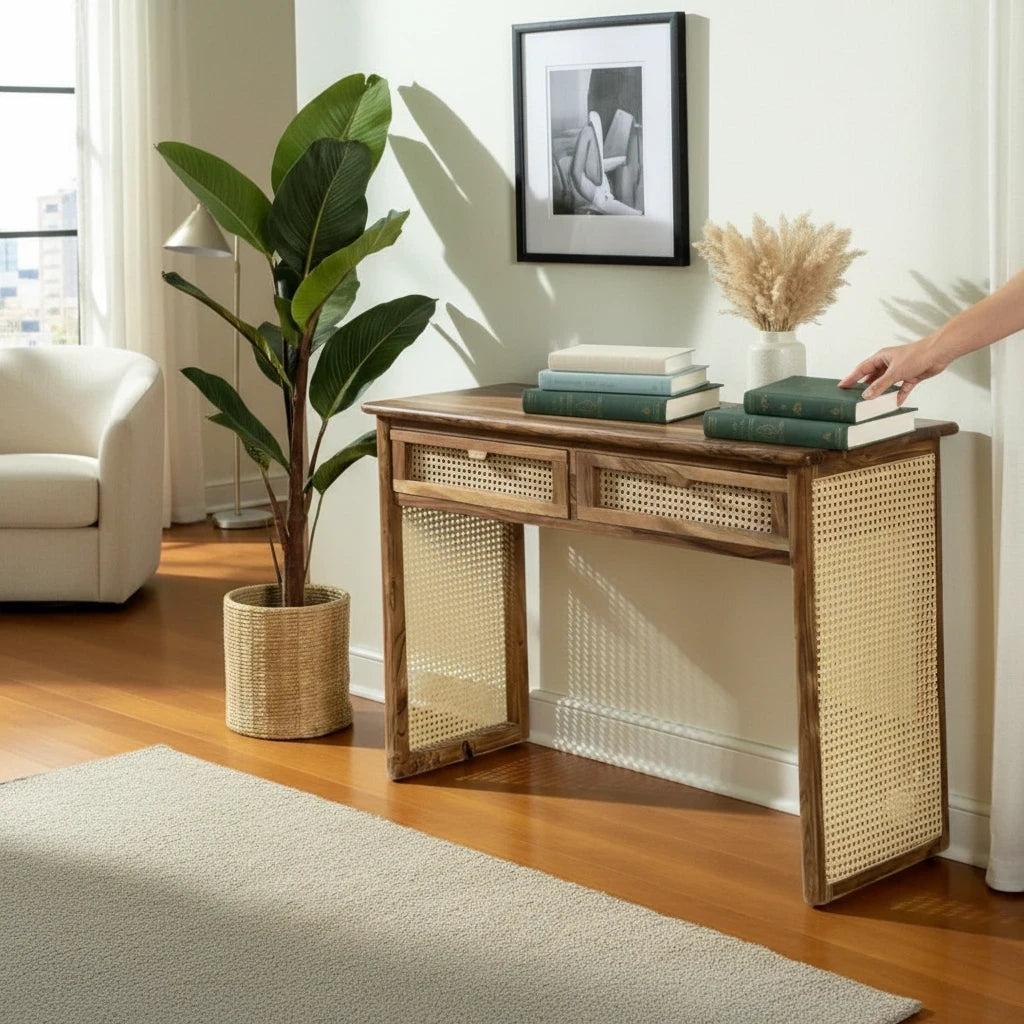 WOOD CURLS Aster console desk in solid acacia wood with woven cane drawer fronts and side panels in a bright room.