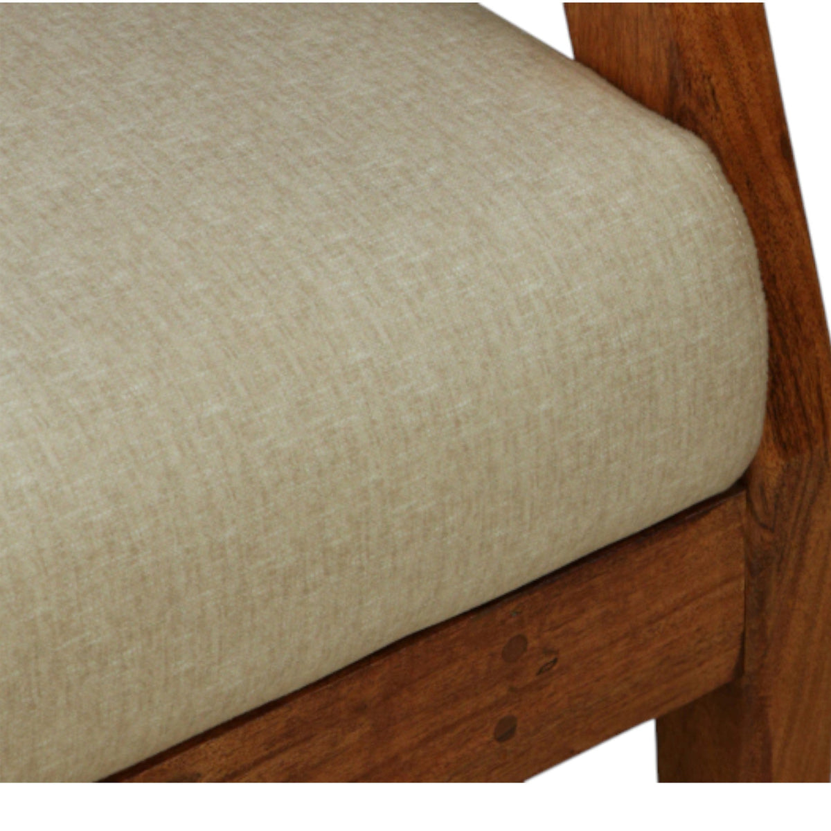 WOOD CURLS Arden 3-seater sofa featuring a solid acacia wood frame and soft beige fabric upholstery close-up