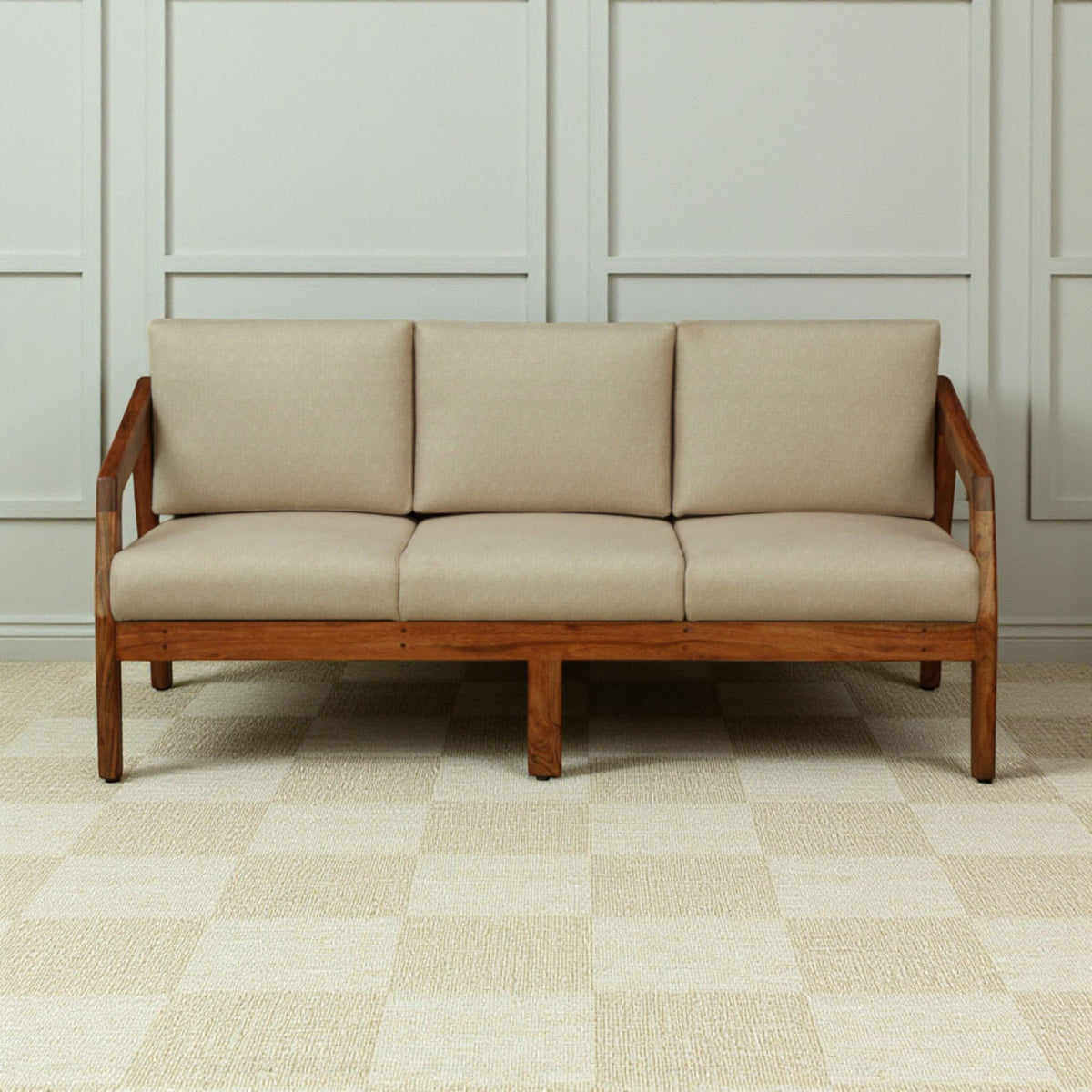 WOOD CURLS Arden 3-seater sofa featuring a solid acacia wood frame and plush beige fabric upholstery