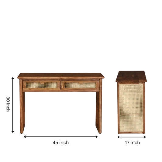 WOOD CURLS Aster solid acacia wood console desk with cane drawer fronts and side panels, showing front and side views.