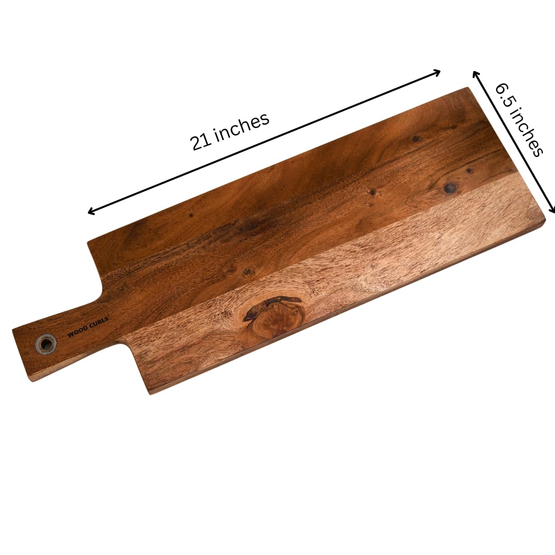 WOOD CURLS long acacia wood charcuterie board with handle, showing natural wood grain and dimensions.