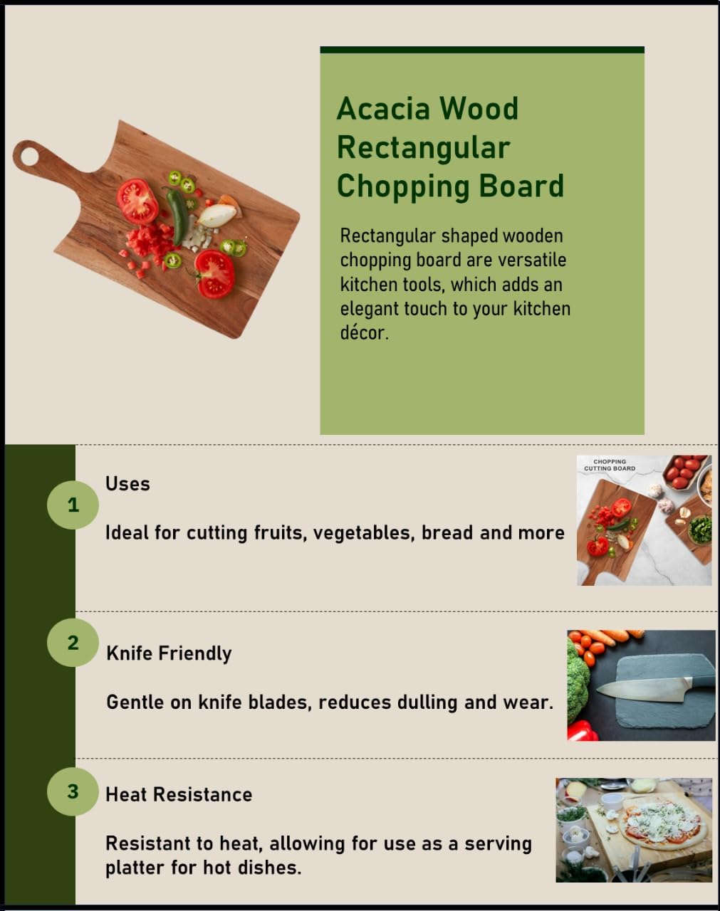 WOOD CURLS rectangular acacia wood chopping board with curved edges and handle for food preparation and serving