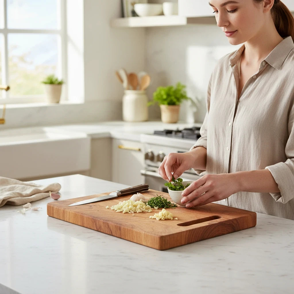 WOOD CURLS rectangular acacia wood chopping board on a kitchen counter with a woman preparing fresh herbs and garlic