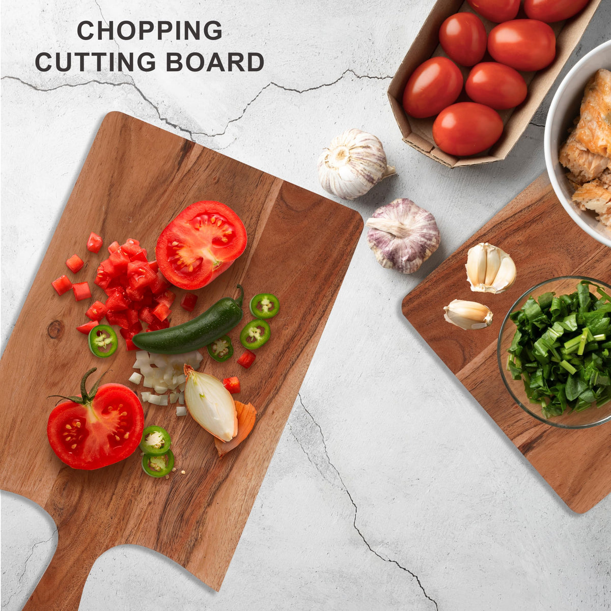 WOOD CURLS Cedaris acacia wood rectangular chopping board with curved edges and handle, featuring fresh vegetables.
