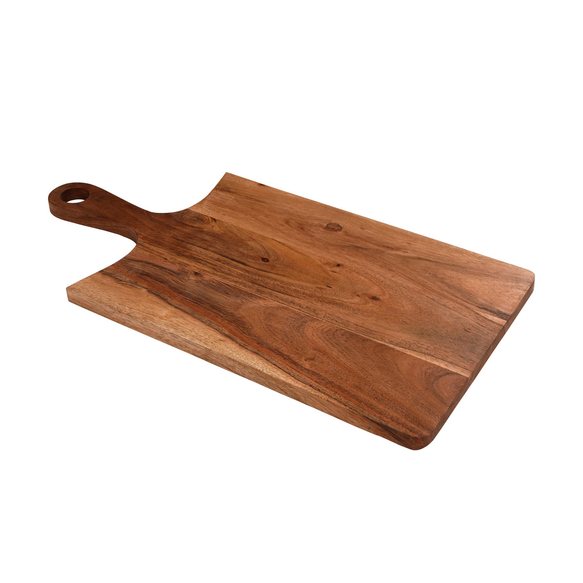 WOOD CURLS rectangular acacia wood chopping board with a curved edge and ergonomic handle for food prep and serving.