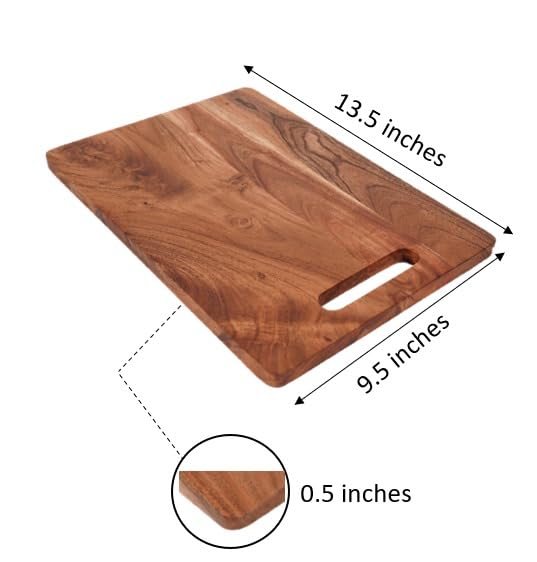WOOD CURLS rectangular acacia wood chopping board with a convenient handle cutout and natural grain finish.