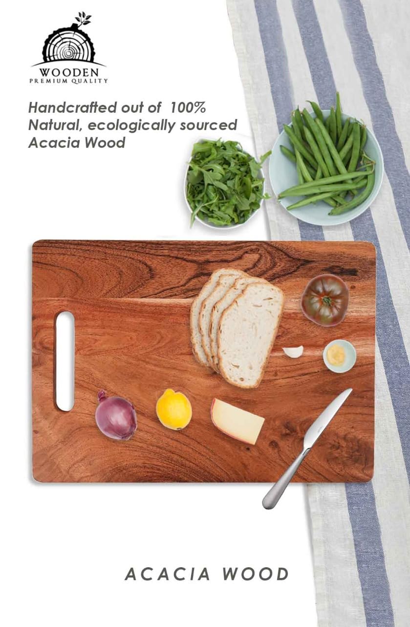 WOOD CURLS rectangular acacia wood chopping board with sliced bread, vegetables, and a knife on a striped cloth