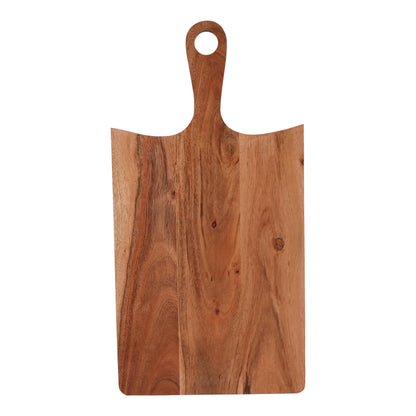 WOOD CURLS rectangular acacia wood chopping board with a curved edge and ergonomic handle for food prep and serving.