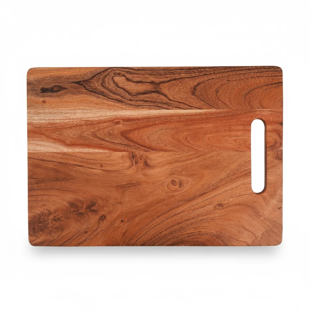 WOOD CURLS rectangular acacia wood chopping board with a natural grain finish and convenient side handle