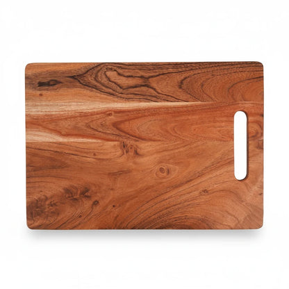 WOOD CURLS rectangular acacia wood chopping board with a natural grain finish and convenient side handle