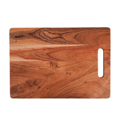 WOOD CURLS rectangular acacia wood chopping board with a natural grain pattern and a convenient side handle.