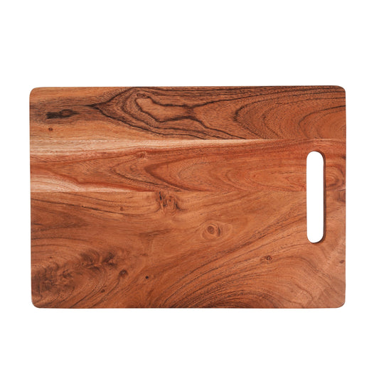 WOOD CURLS rectangular acacia wood chopping board with a natural grain pattern and a convenient side handle.