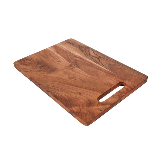 WOOD CURLS rectangular acacia wood chopping board with a natural grain finish and a convenient integrated handle.