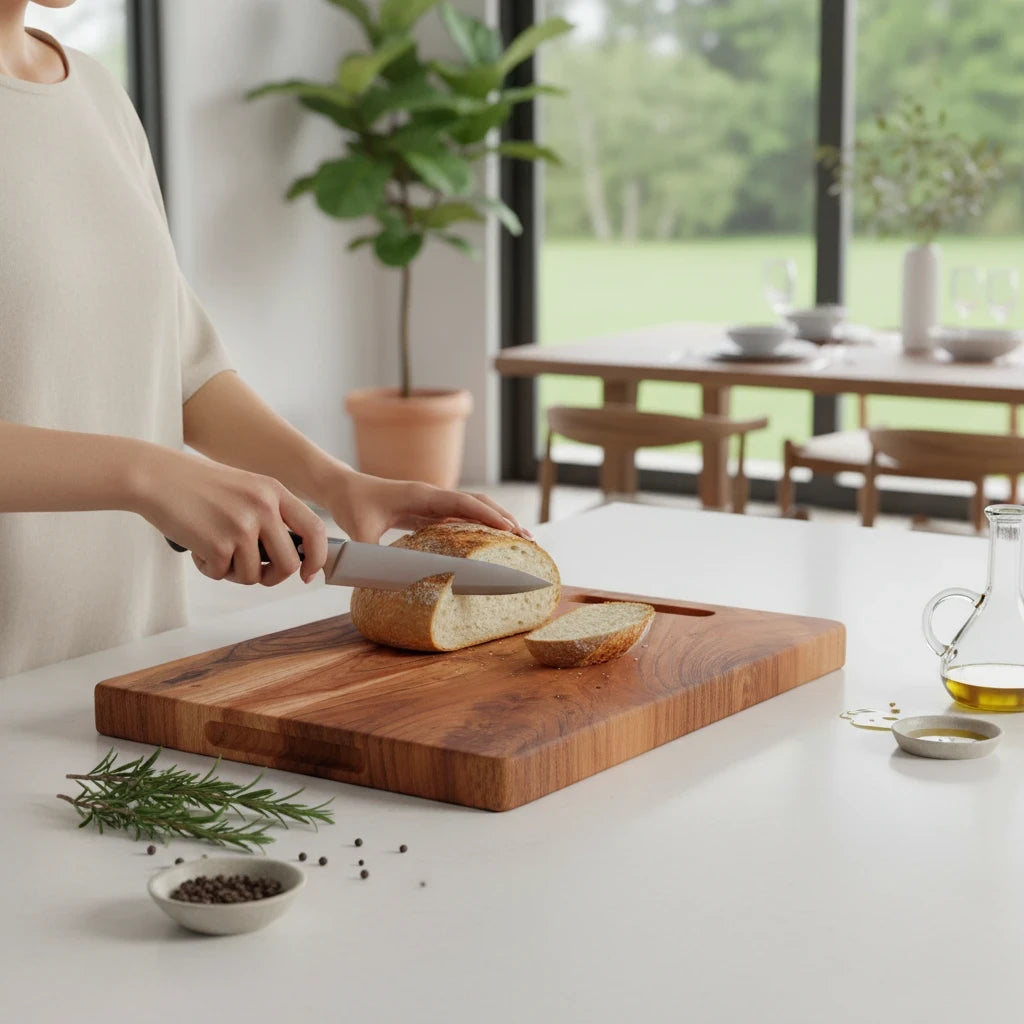 WOOD CURLS rectangular acacia wood chopping board being used to slice bread on a kitchen counter