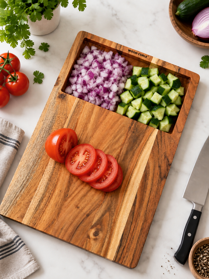 WOOD CURLS rectangular acacia wood cutting board with a recessed tray holding diced onions and cucumbers on a counter