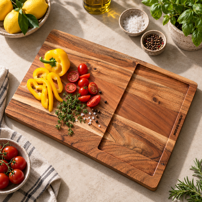 WOOD CURLS rectangular acacia wood cutting board with a recessed juice tray, topped with fresh peppers and tomatoes.