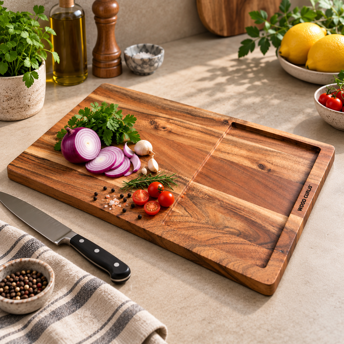 WOOD CURLS rectangular acacia wood cutting board with a recessed juice groove, featuring fresh vegetables on top.