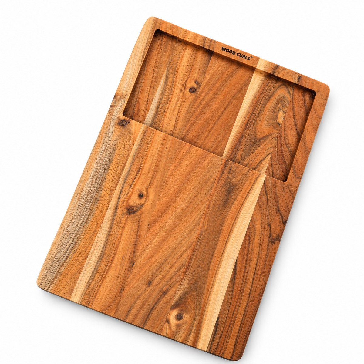 WOOD CURLS rectangular acacia wood cutting board with a recessed juice groove tray for serving and food preparation.
