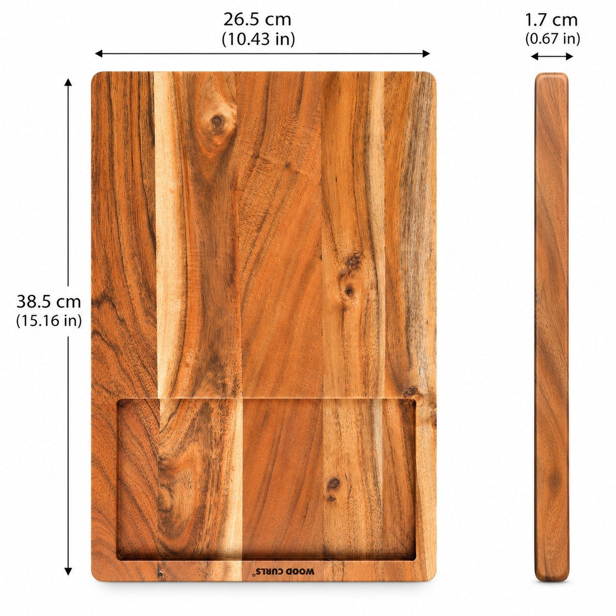 WOOD CURLS rectangular acacia wood cutting board with a recessed juice groove, showing top and side profile views.