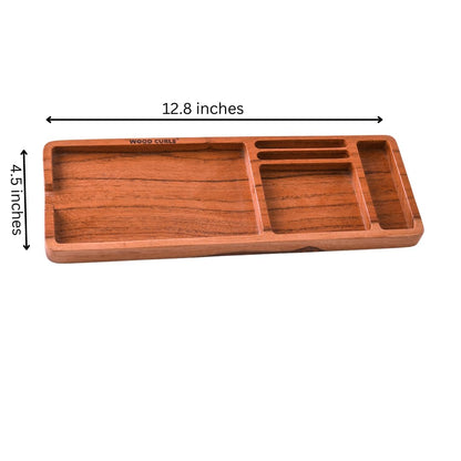 WOOD CURLS acacia wood desk organizer tray with multiple compartments for stationery and accessories on a white background