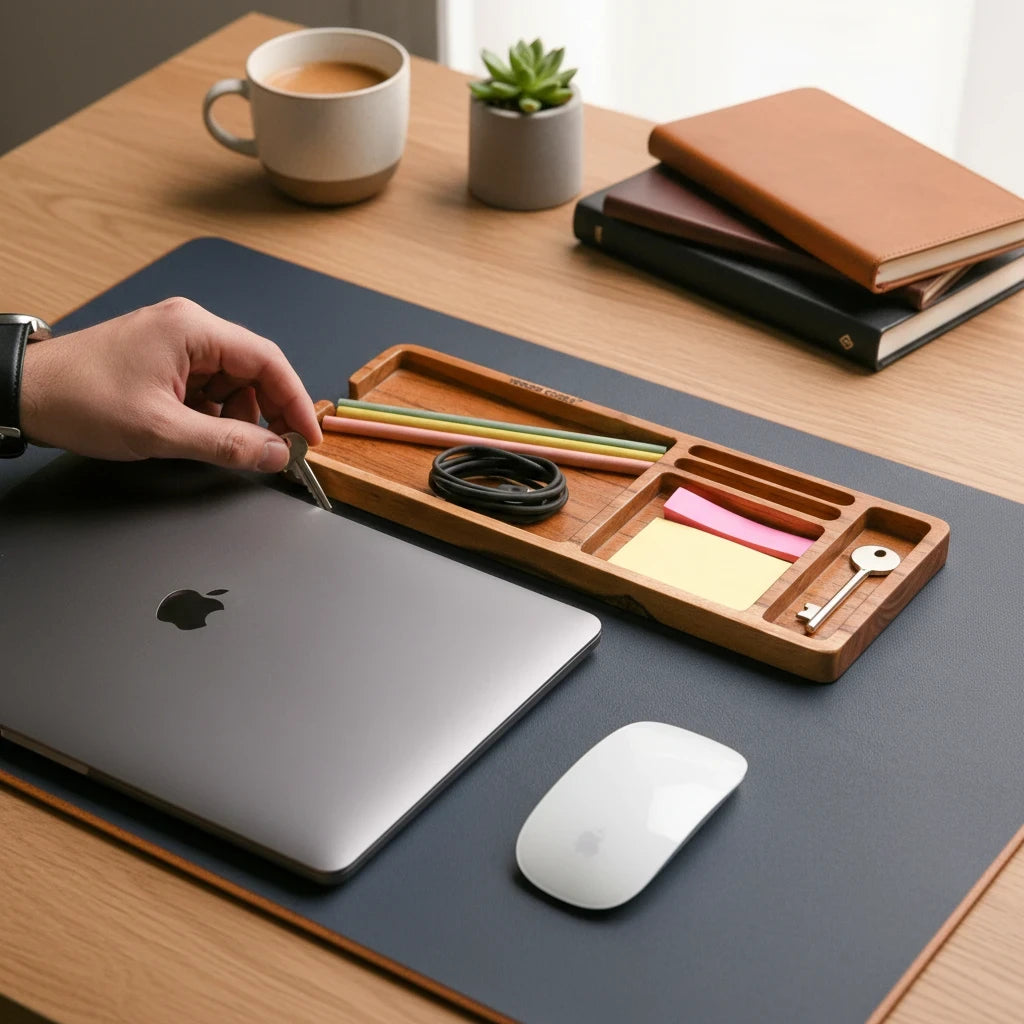 WOOD CURLS acacia wood desk organizer tray with stationery and accessories on a dark blue desk mat next to a laptop.