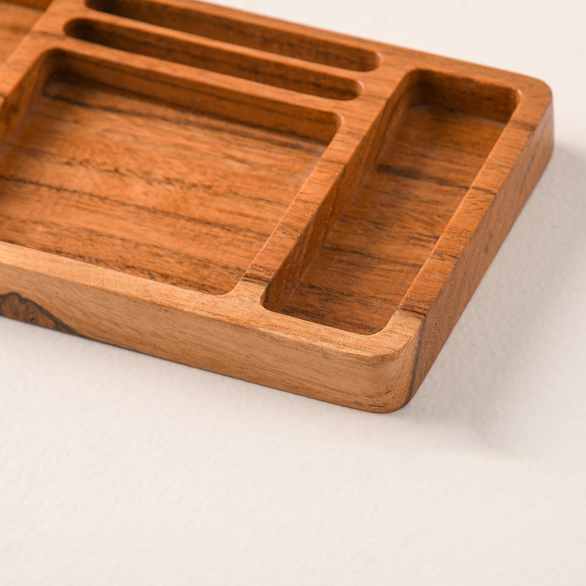 WOOD CURLS acacia wood desk organizer tray with multiple compartments for stationery and office accessories