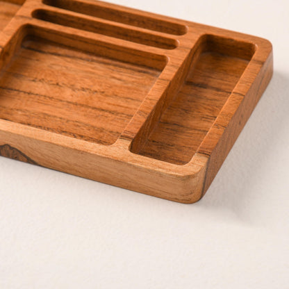 WOOD CURLS acacia wood desk organizer tray with multiple compartments for stationery and office accessories