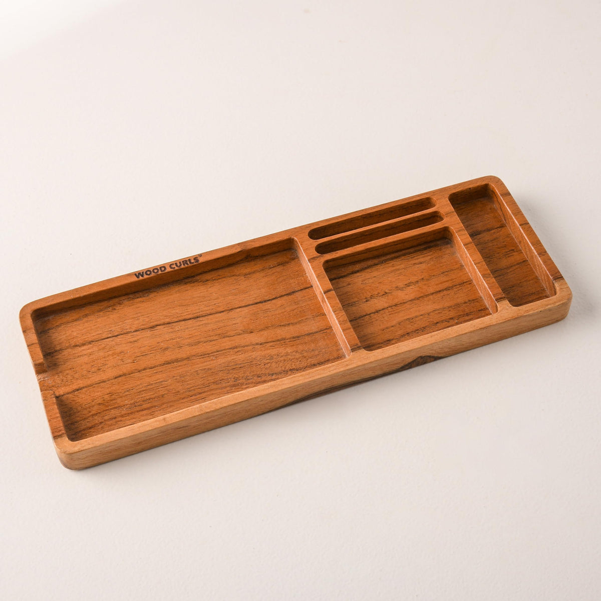 WOOD CURLS acacia wood desk organizer tray with multiple compartments for stationery and office supplies