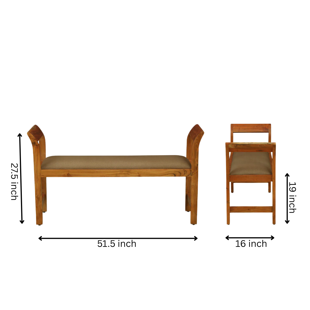 WOOD CURLS Thalia solid acacia wood dining bench with brown upholstered seat and curved backrests, dimension diagram