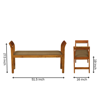 WOOD CURLS Thalia solid acacia wood dining bench with brown upholstered seat and curved backrests, dimension diagram