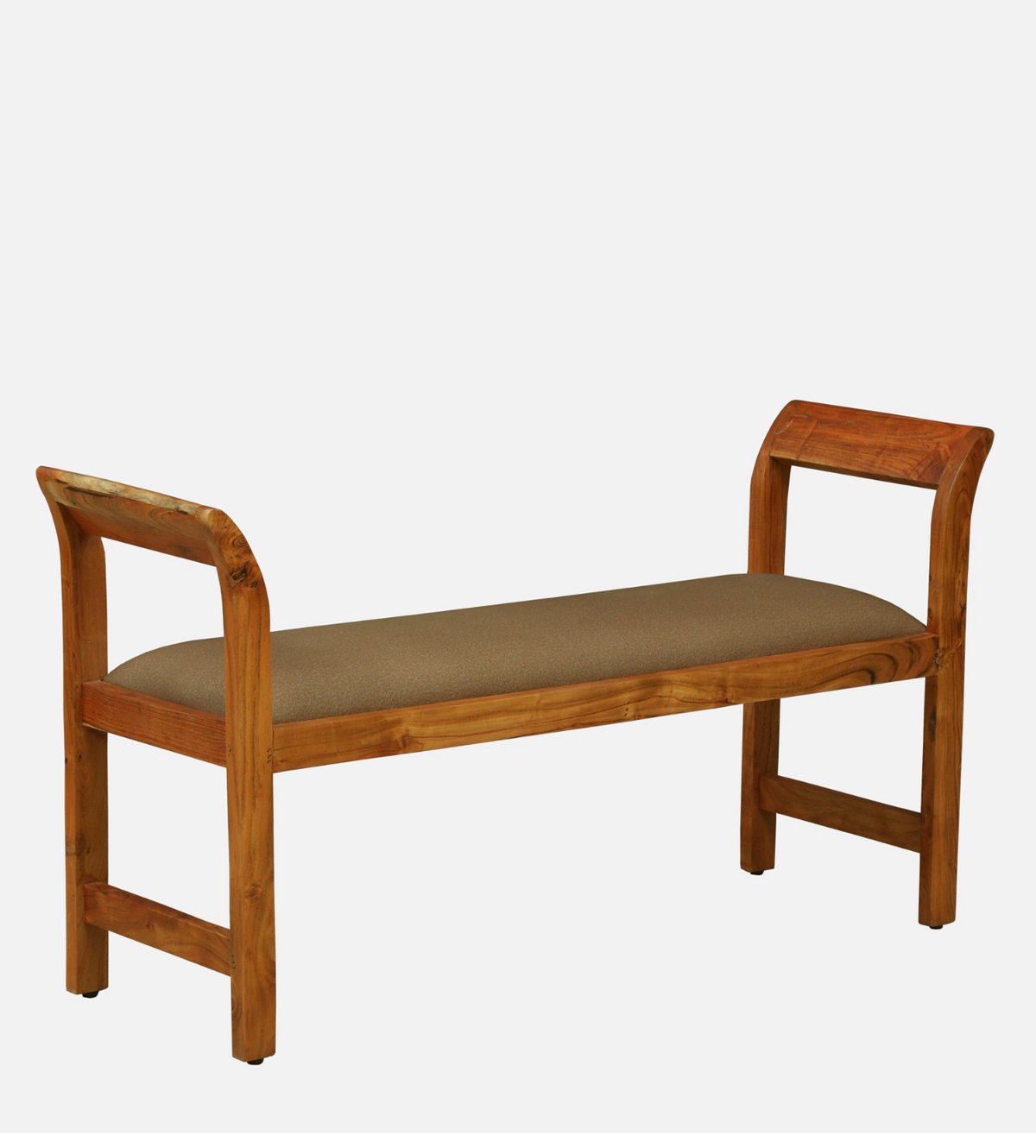 WOOD CURLS Thalia dining bench in solid acacia wood with a brown upholstered seat and elegant curved backrests