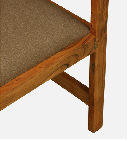 WOOD CURLS Thalia dining bench featuring solid acacia wood frame and comfortable brown upholstered seat