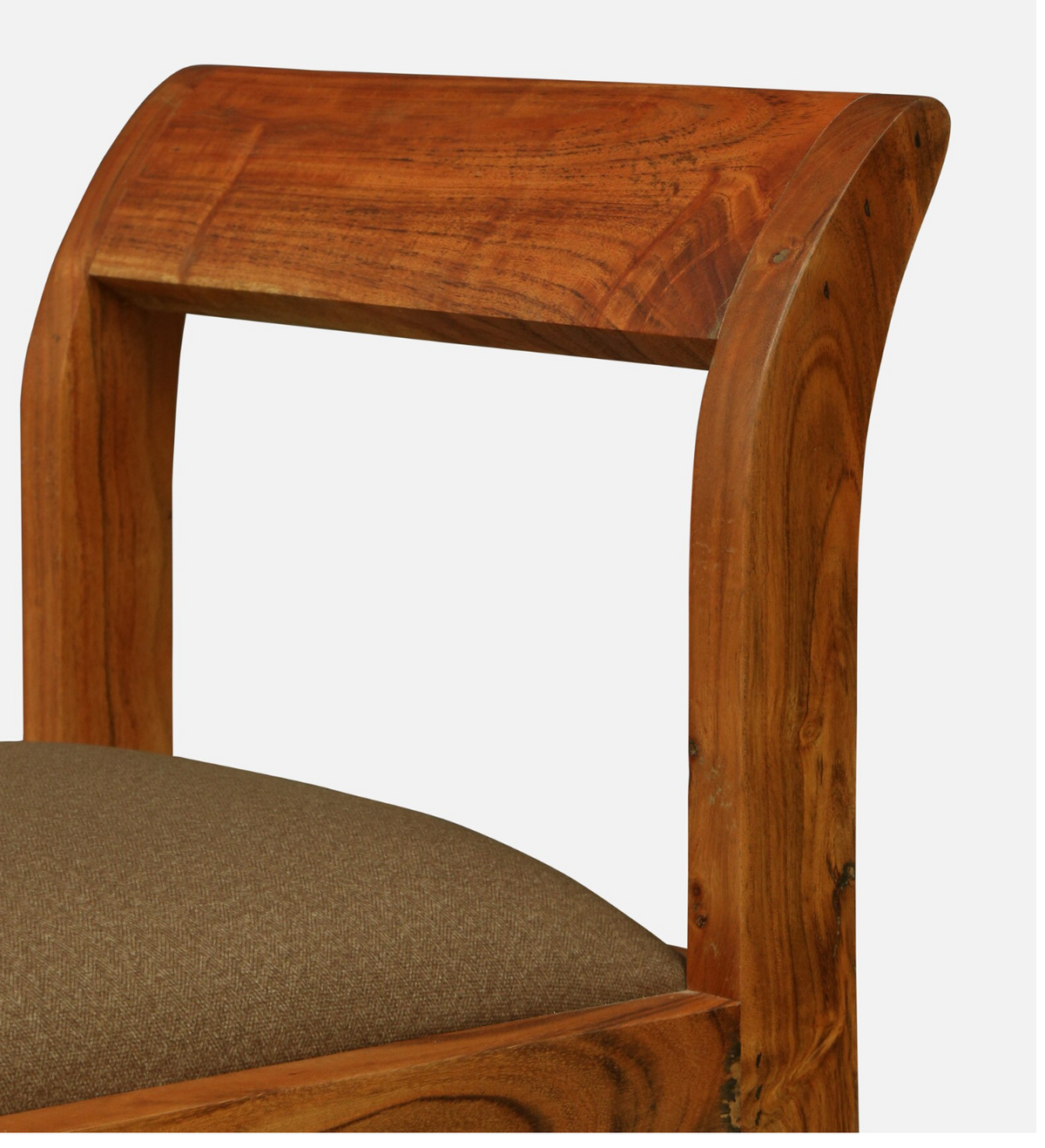 WOOD CURLS Thalia dining bench featuring solid acacia wood with curved backrest and brown upholstered seat