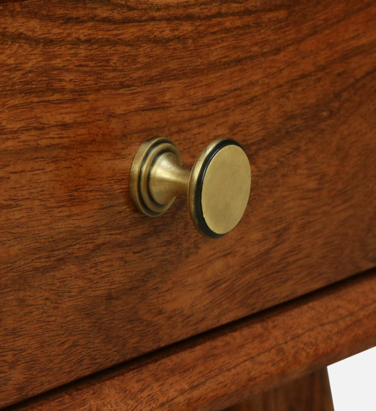 WOOD CURLS Eira coffee table drawer featuring a round brass knob on rich natural grain solid acacia wood