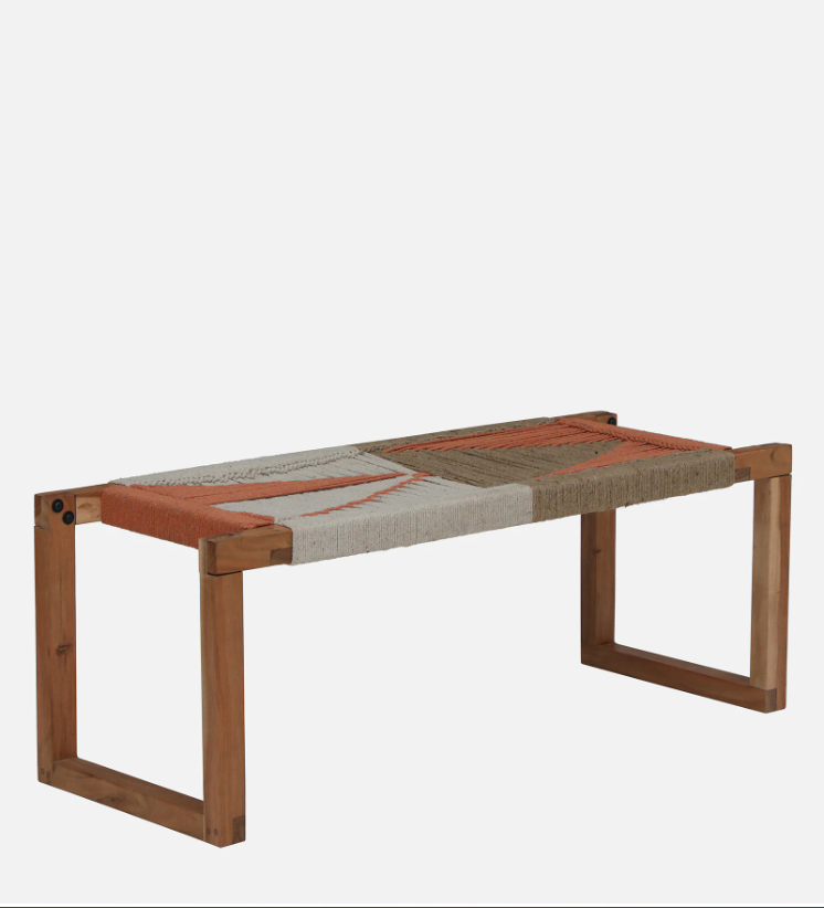 WOOD CURLS 2-seater acacia wood bench with a handwoven jute rope seat in natural, white, and terracotta tones.