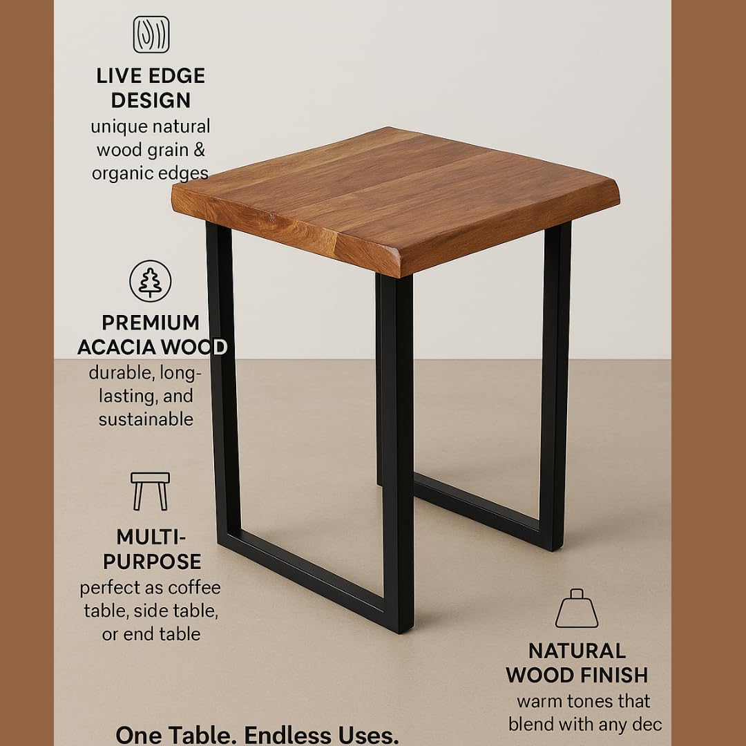 WOOD CURLS square coffee table with natural acacia wood top, live edge, and black metal frame in a modern living room.