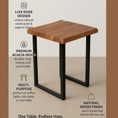 WOOD CURLS square coffee table with natural acacia wood top, live edge, and black metal frame in a modern living room.