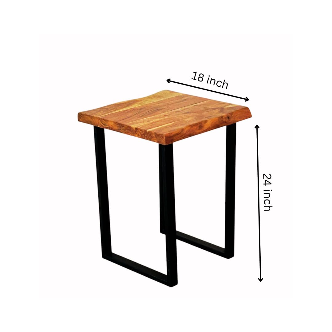 WOOD CURLS square coffee table made of natural acacia wood with black metal legs and dimension labels.