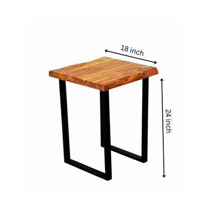 WOOD CURLS square coffee table made of natural acacia wood with black metal legs and dimension labels.