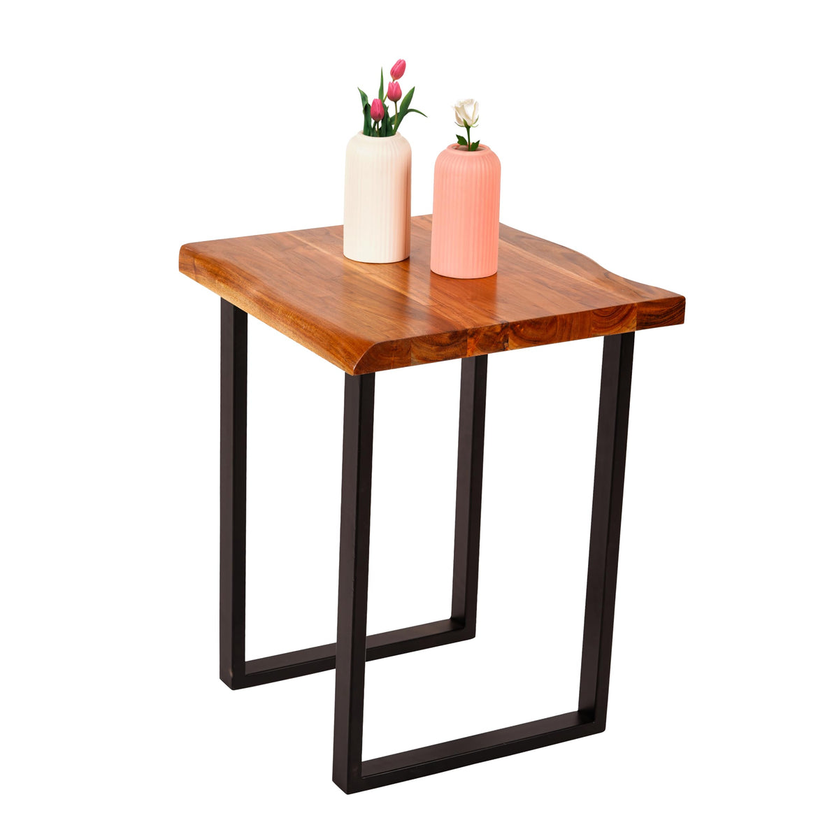 WOOD CURLS square coffee table made of natural acacia wood with a live edge top and sturdy black metal frame.