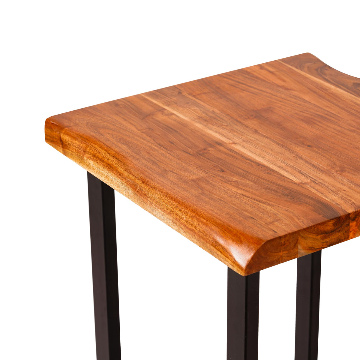 WOOD CURLS square coffee table featuring a natural acacia wood top with visible grain and sturdy black metal legs.