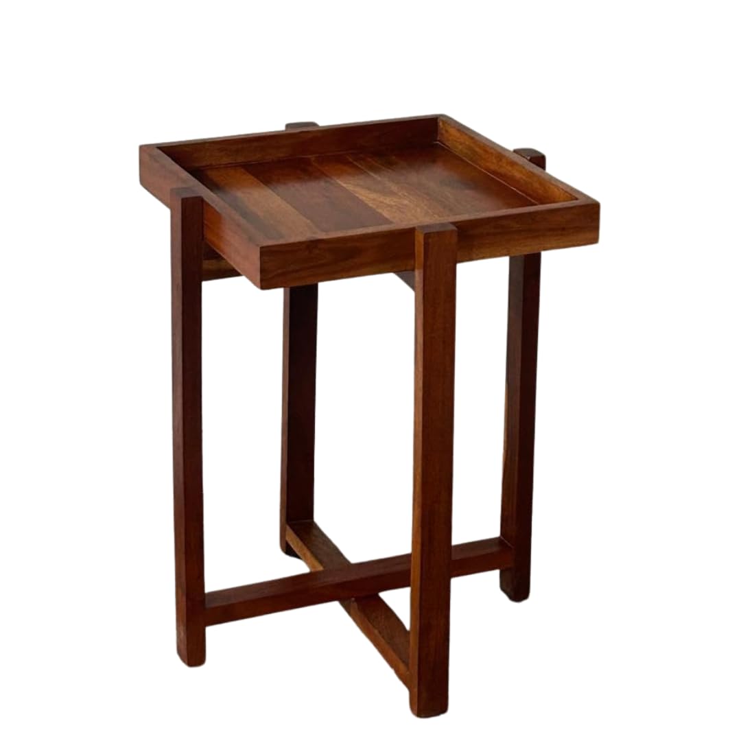 WOOD CURLS Enigma square center table made of premium acacia wood with a natural finish and sturdy cross-leg design.