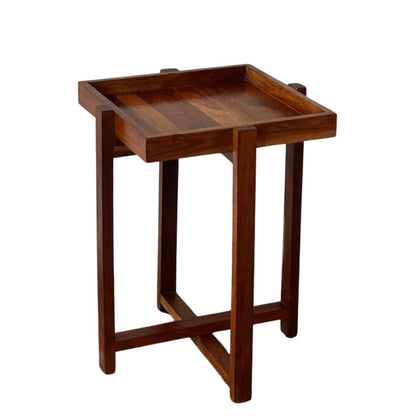 WOOD CURLS Enigma square center table made of premium acacia wood with a natural finish and sturdy cross-leg design.