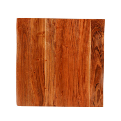 WOOD CURLS square coffee table in natural acacia wood with visible grain patterns, top-down view.