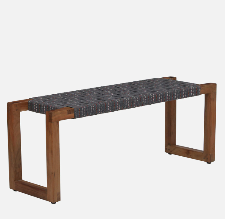 WOOD CURLS 2-seater bench made of natural acacia wood with a dark grey woven cotton webbing seat in a minimalist style